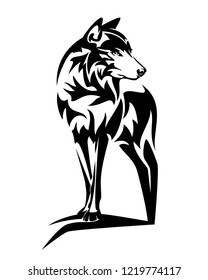 wild wolf standing on rock black and white vector outline design