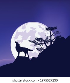 wild wolf standing at rock cliff with conifer tree howling at full moon - wilderness scene vector silhouette design