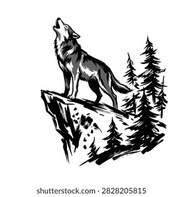A wild wolf stands on a cliff howling proudly