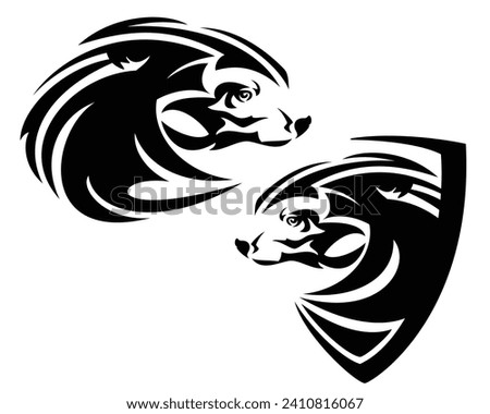 wild wolverine head in simple heraldic shield - black and white vector design for security concept coat of arms or mascot