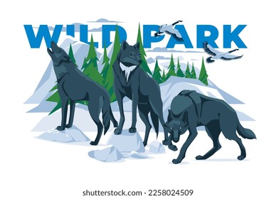 Wild wolves on the background of a mountain forest. Fauna National Park and Zoo Travel. Birds fly. Isolated on white background. Vector flat illustration