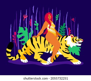 Wild woman - colorful flat design style illustration with a cartoon character. Strong independent beautiful girl riding a tiger. Graceful feline creatures. Native in the jungle. Female nature idea