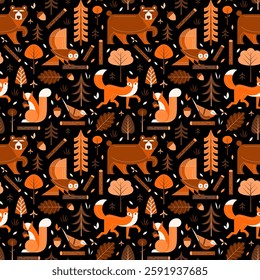 Wild woodland animals and birds in Scandinavian forest pattern. Nordic seamless ornament with geometric forest creatures. Bear, fox, squirrel, owl and titmouse between trees and leaves.