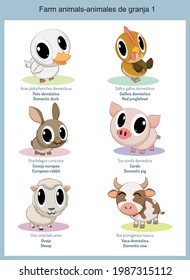 Caricaturas de animales de granja del mundo salvaje, lindos animales salvajes en vectores con nombre científico y nombre común en inglés y español.