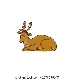 Wild young deer male buck with branched horns lay down vector outline sketch illustration isolated on white background.