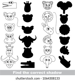 Wild zoo animals faces set to find the correct shadow, the matching educational kid game to compare and connect objects and their true shadows, simple gaming level for preschool kids.