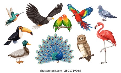 Conjunto de dibujos animados de aves salvajes y zoológicos diferentes. Colección de retrato de aves de tucán, paloma y pavo real, flamenco y pato. Colibrí de dibujos animados volador, guacamayo y águila, tortolitos, Ilustración vectorial de búho