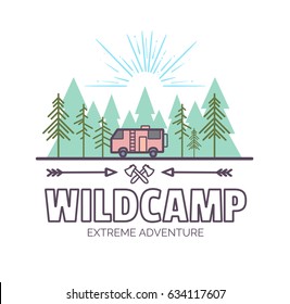 WildCamp life. Summer Extreme adventure.Trendy Outlined style illustration,Typographic Design