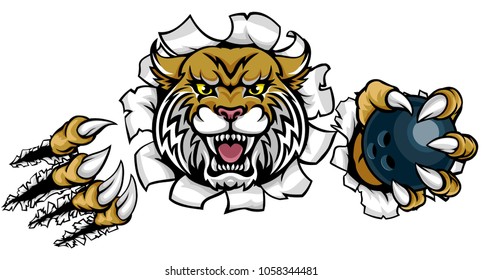 A wildcat angry animal sports mascot holding a ten pin bowling ball and breaking through the background with its claws