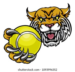 A wildcat angry animal sports mascot holding a tennis ball 