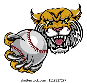 A wildcat angry animal sports mascot holding a baseball ball 