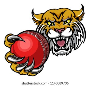 A wildcat angry animal sports mascot holding a cricket ball 