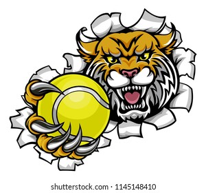 A wildcat angry animal sports mascot holding a tennis ball and breaking through the background with its claws