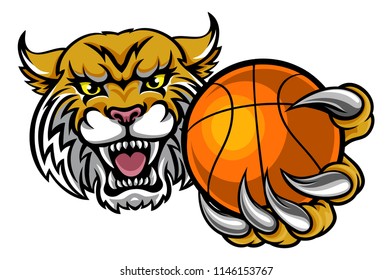 A wildcat angry animal sports mascot holding a basketball ball