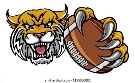 A wildcat angry animal sports mascot holding an American football bal