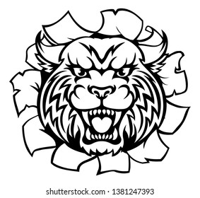 A Wildcat angry animal sports mascot breaking through the background