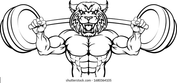 A wildcat animal body builder sports mascot weight lifting a barbell 