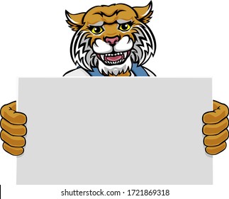 A wildcat animal construction cartoon mascot handyman or builder maintenance contractor holding a sign