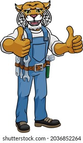 A wildcat animal construction cartoon mascot handyman or builder maintenance contractor giving a double thumbs up