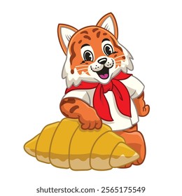 Wildcat Baker Mascot Lean on Croissant