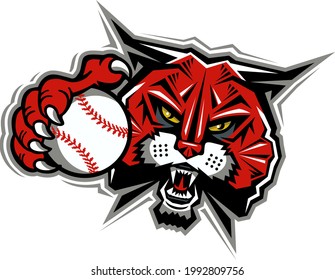 wildcat baseball team mascot holding ball for school, college or league