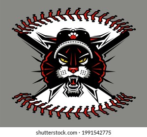 wildcat baseball team mascot with stitches and crossed bats for school, college or league