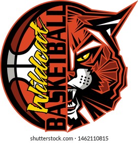 wildcat basketball team design with ball and half mascot for school, college or league