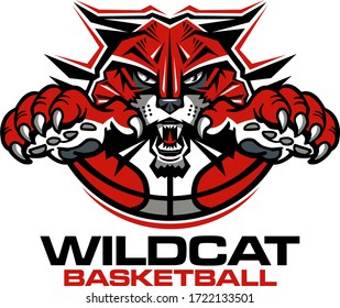 wildcat basketball team design with mascot and half ball for school, college or league