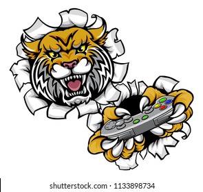 A wildcat or bobcat angry animal esports video games player gamer mascot holding a controller and breaking through the background