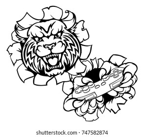 A wildcat or bobcat angry animal esports video games player gamer mascot holding a controller and breaking through the background