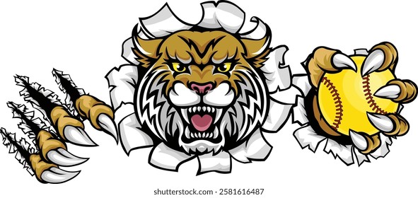 A wildcat or bobcat animal softball sports team cartoon mascot