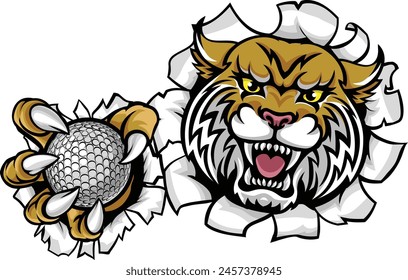 A wildcat bobcat cat cougar animal sports mascot holding golf ball breaking through the background with its claws