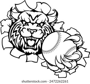 A wildcat bobcat cat cougar animal sports mascot holding baseball or softball ball breaking through the background with its claws