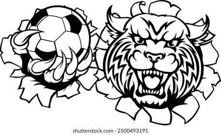 A wildcat bobcat cat cougar animal sports mascot holding soccer football ball breaking through the background with its claws