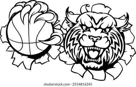 A wildcat bobcat cat cougar animal sports mascot holding basketball ball breaking through the background with its claws