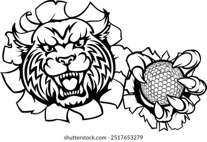 A wildcat bobcat cat cougar animal sports mascot holding golf ball breaking through the background with its claws