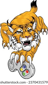 A wildcat or bobcat gamer with video game controller sports team animal mascot
