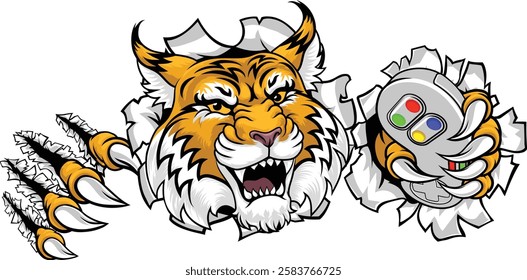 A wildcat or bobcat gamer with video game controller sports team animal mascot