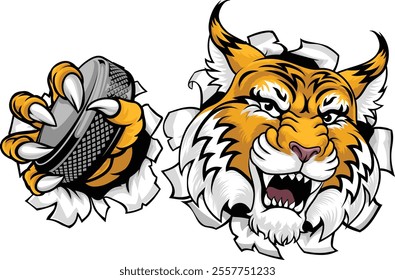 A wildcat or bobcat ice hockey team cartoon animal sports mascot