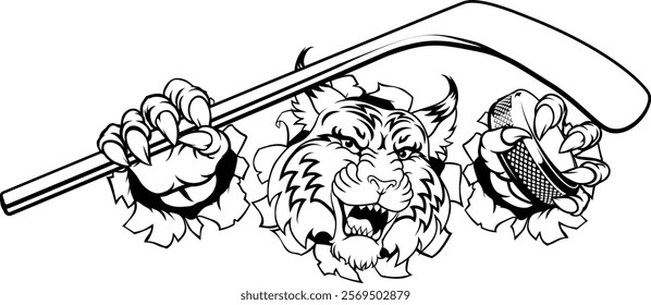 A wildcat or bobcat ice hockey team cartoon animal sports mascot