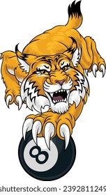 A wildcat bobcat lynx angry mean pool billiards mascot cartoon character holding a black 8 ball.
