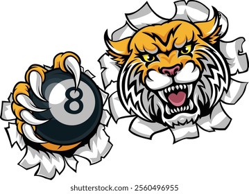 A wildcat bobcat lynx angry mean pool billiards mascot cartoon character holding a black 8 ball.
