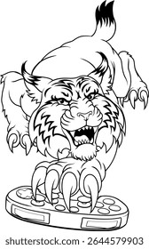 Wildcat bobcat lynx gamer holding a computer video games controller with sharp claw sports team mascot design.
