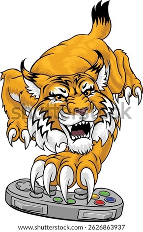 Wildcat bobcat lynx gamer holding a computer video games controller with sharp claw sports team mascot design.
