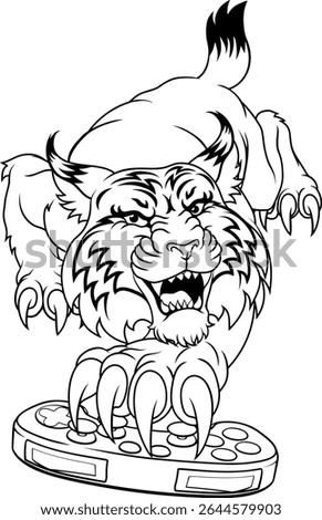 Wildcat bobcat lynx gamer holding a computer video games controller with sharp claw sports team mascot design.
