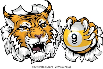 Wildcat, bobcat or lynx nine ball pool billiards sports mascot holding a 9 ball cartoon illustration
