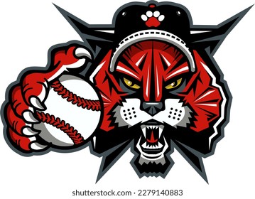 wildcat or bobcat mascot holding baseball for school, college or league sports