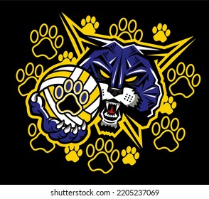 wildcat, bobcat mascot holding volleyball for school, college or league