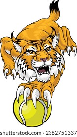 A wildcat or bobcat with a tennis ball sports team animal cartoon mascot