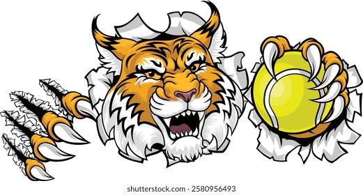 A wildcat or bobcat with a tennis ball sports team animal cartoon mascot